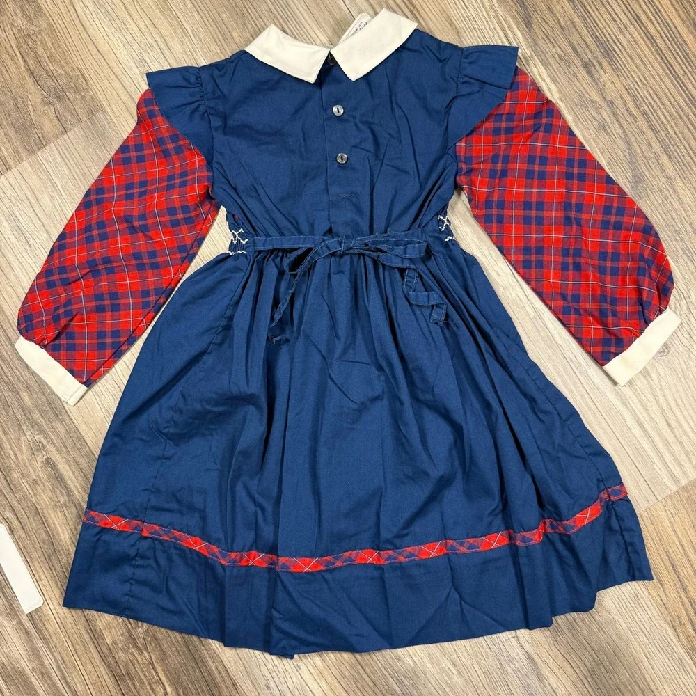 Vintage Polly Flinders Americana Hand Smocked Plaid Sleeve Navy Blue Dress 6